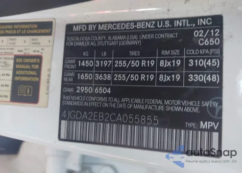 2012 Mercedes-Benz Ml 350 Bluetec 4Matic from USA, damaged, VIN 4JGDA2EB2CA055855